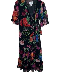 Joseph Ribkoff Black Floral Rose Wrap Dress Women Size 6 BLEMISH